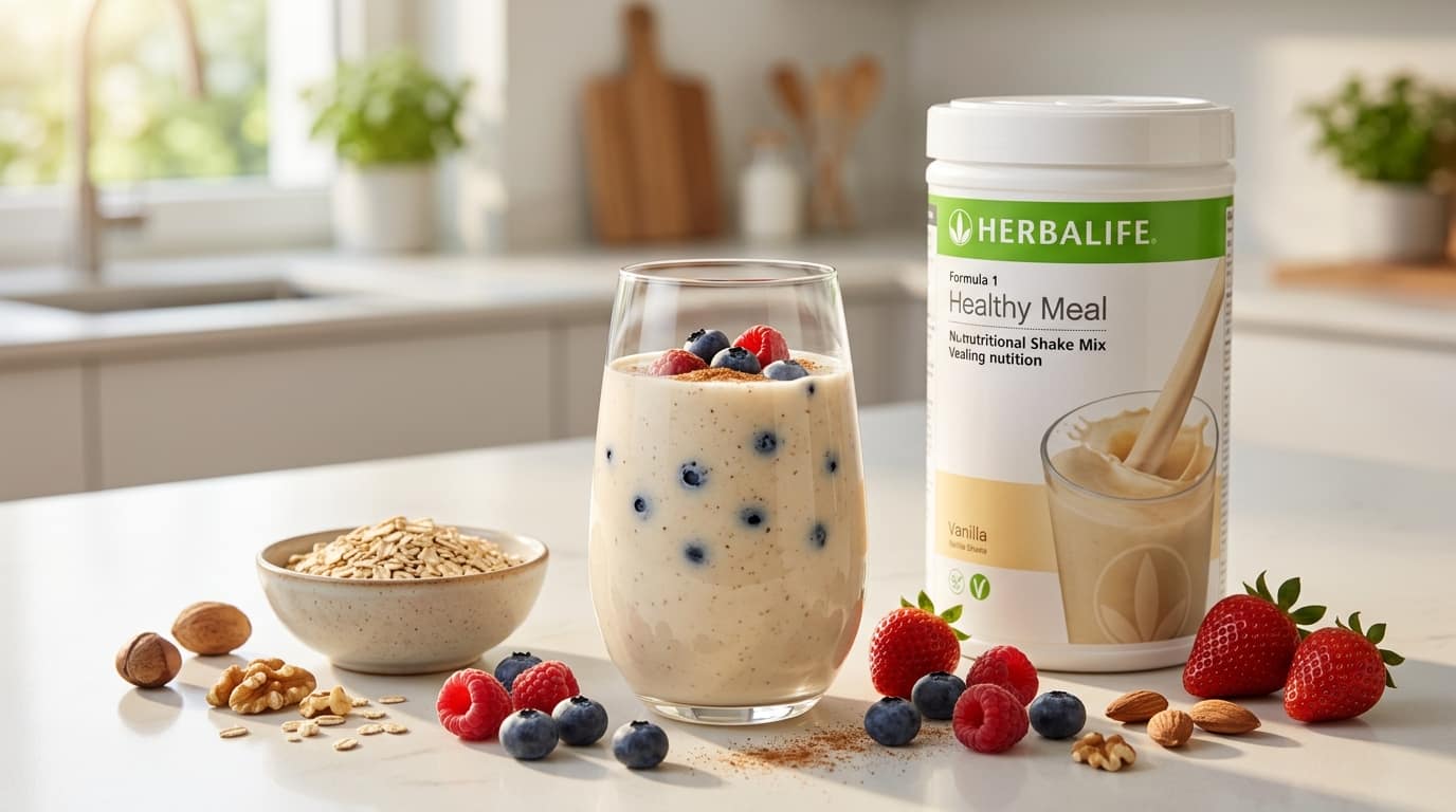 Beeren-Hafer Formula 1 Frühstück mit frischen Beeren, Haferflocken und Nüssen